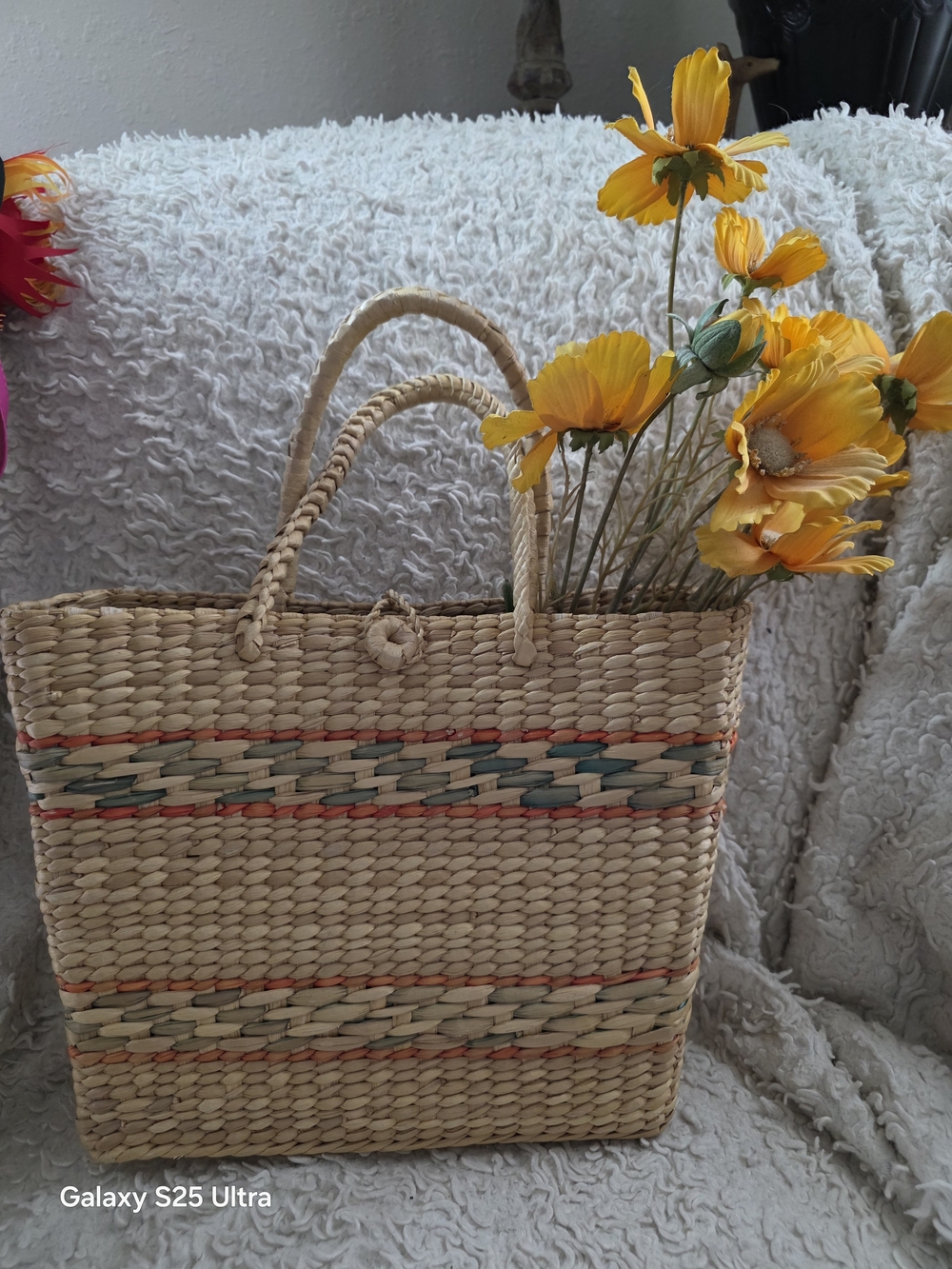Woven Straw Tote Bag with Multicolor Accent - Natural Flowers Not Includes